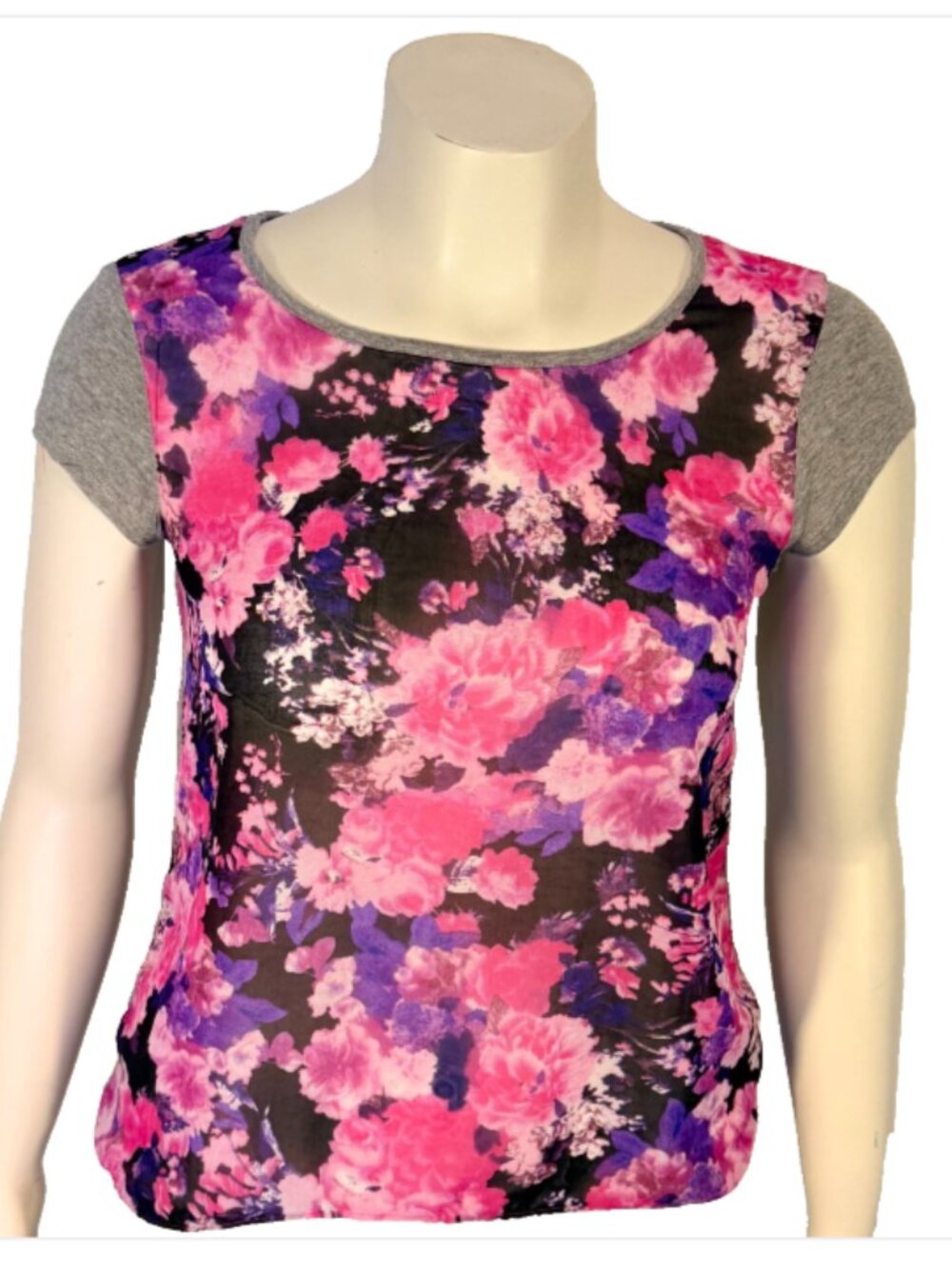 Arkitect Floral Front Tee Shirt Women's S Purple Pink Chiffon Front Stretch Back